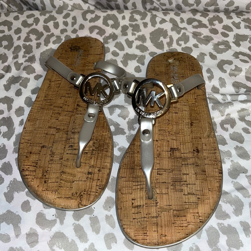 Michael Michael Kors thong plastic upper silver hardware w/cork sole sandals